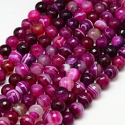 Chapelets de perles en agate à rayures naturelles/agates à bandes, facette, teinte, ronde, support violet rouge, 10mm, Trou: 1.2mm