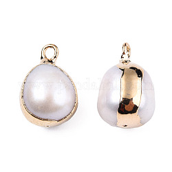 Ciondoli di perle keshi con perla barocca naturale placcata, perla d'acqua dolce coltivata, con accessori di ferro, fascino ovale, oro chiaro, 13~17x9~11.5x9~11mm, Foro: 1.8 mm e 0.7 mm
