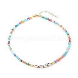 Beaded Necklaces, with Acrylic Beads, Brass Beads, Glass Beads, 304 Stainless Steel Findings & Brass Chain, Word Mom, Colorful, 15.35 inch(39cm)