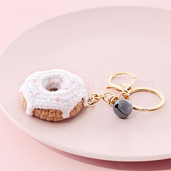 Porte-clés alimentaire au crochet en coton, avec des porte-clés en fer et des fermoirs à pince de homard et une cloche, donut, 13x4.8 cm