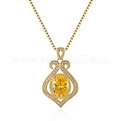 Brass Cubic Zirconia Pendants Necklaces, with Glass Imitation Citrine and Box Chain, Teardrop, Clear, Golden