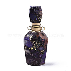 Colgantes de botellas de perfume que se pueden abrir de pirita sintética y jaspe imperial ensamblados, con fornituras de latón, teñido, púrpura, capacidad: 1ml (0.03 fl. oz), 41~42x17~18x17~18mm, agujero: 1.8 mm, capacidad: 1ml (0.03 fl. oz)