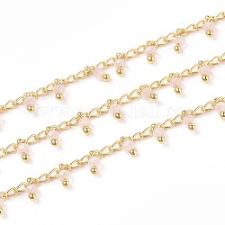 3.28 Feet Handmade Glass Beaded Chains, with Brass Eye Pins, Golden, Soldered, Round, Faceted, Lavender Blush, 2.5x2x0.4mm, Beads: 3x2mm