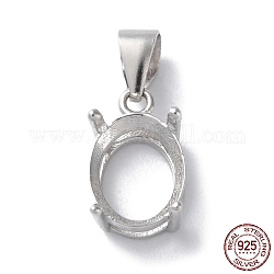 Rhodium Plated Rack Plating 925 Sterling Silver Pendants Cabochon Settings, 4-Prong Bezel Settings, Oval, with 925 Stamp, Real Platinum Plated, 17x7.5x5.5mm, Hole: 4x5.5mm