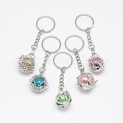 Mixed Styles Brass Hollow Ball Cage Keychain, with Steel Split Rings and Random Color Spray Painted Brass Round Chime Beads, Platinum, 83~96mm