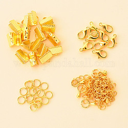 50 Pieces DIY Ribbon Ends Making Kits, Including Iron Ribbon Crimp Ends & Unsoldered Jump Rings, Zinc Alloy Lobster Claw Clasps, Brass Chain Extenders, Golden, 7x10mm