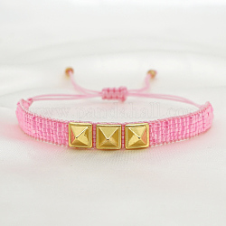 Glass Seed Braided Bead Bracelet, Flat Band Friendship Bracelet with Triple Stud for Women, Pearl Pink, 11 inch(28cm)