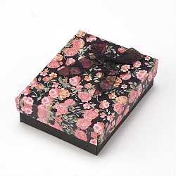 Caja de embalaje de joyería de cartón con patrón de flores, 2 ranura, para pendientes de anillo, con lazo de cinta y esponja negra, Rectángulo, negro, 9x7x3 cm
