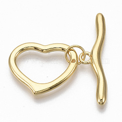 Brass Toggle Clasps, with Jump Rings, for DIY Jewelry Making, Heart, Nickel Free, Real 18K Gold Plated, Heart: 19.5x24x2.5mm, Hole: 1mm, Bar: 35x9.5x3.5mm, hole: 2mm, Jump Ring: 8x1mm, Inner Diameter: 6mm
