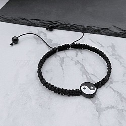 Bracelets de perles tressées en perles de résine yin-yang, bracelets réglables en cordon de polyester pour femmes, noir, pas de taille