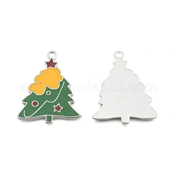 Alloy Enamel Pendants, Lead Free and Cadmium Free, Platinum Color, Christmas Tree, Yellow and Green, 37x31x2mm, Hole: 2mm