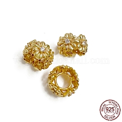 Perles 925 en argent sterling, avec zircons, fleur, avec tampon s925, véritable 18k plaqué or, 8x4.7mm, Trou: 3.5mm