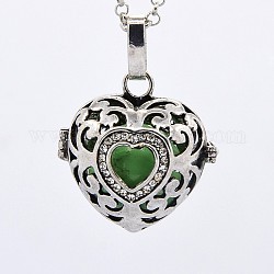 Antique Silver Brass Rhinestone Cage Pendants, Chime Ball Pendants, Heart, with Brass Spray Painted Bell Beads, Light Green, 27x27x21mm, Hole: 3x5mm, Bell: 16mm