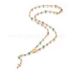 304 Edelstahl Rosenkranz Perlenketten aus rostfreiem, mit Emaille bösen Blick, Oval mit Jungfrau Maria, Kreuz, golden, 18.14 Zoll (46.1 cm)