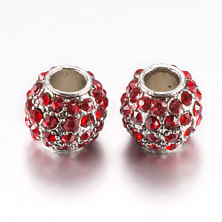 Perline europeo rhinestone  in lega, perline con foro grande, rondelle, platino, rosso, 10.5x9.5mm, Foro: 5 mm
