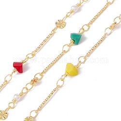 Handmade Eco-friendly Brass Flat Round & Bar Link Chain, with Glass Triangle Beaded, Real 18K Gold Plated, Lead Free & Cadmium Free, Soldered, with Spool, Colorful, 13x4x4mm, 15x1mm, 11x3mm