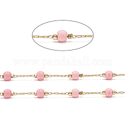 Handgefertigte Messingkabelketten, mit gefärbten synthetischen türkisfarbenen Perlen, gelötet, langlebig plattiert, Runde, echtes 18k vergoldet, rosa, 2x1x0.3 mm