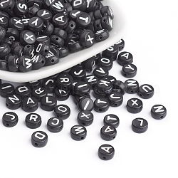 Perles de lettre de trou horizontal acrylique, mélange de lettres de A à Z, modèle double face, plat rond, noir, 7x4mm, Trou: 1mm
