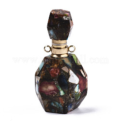 Colgantes de botellas de perfume que se pueden abrir de pirita sintética y jaspe imperial ensamblados, con fornituras de latón, teñido, coco marrón, capacidad: 1ml (0.03 fl. oz), 40~41x19.5~20x14~14.5mm, agujero: 1.8 mm, capacidad: 1ml (0.03 fl. oz)