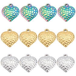 DICOSMETIC 24Pcs 3 Colors 304 Stainless Steel Pendants, Textured, Heart, Mixed Color, 16.5x15.5x4mm, Hole: 1.2mm, 8pcs/colors