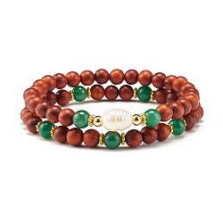 Natural Rosewood Round Beads Bracelets Set, Natural Green Aventurine & Pearl Beads Bracelet for Women, Inner Diameter: 2-1/4 inch(5.8cm), 2pcs/set