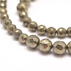 Faceted Round Natural Pyrite Graduated Beads Strands, 4~12mm, Hole: 1mm, about 67pcs/strand, 15.7inch