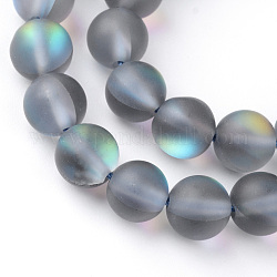 Chapelets de perles en pierre de lune synthétique, perles holographiques, teinte, mat, ronde, grises , 10mm, Trou: 1mm, Environ 36~39 pcs/chapelet, 14~15 pouce