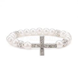 Alliage strass religion croix bracelets, Bracelets extensibles en perles d'imitation en plastique ABS et strass clairs en laiton pour femmes, blanc, 1/4 pouce (0.8 cm), diamètre intérieur: 2-1/4 pouce (5.6 cm)