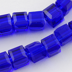 Hilos de abalorios de vidrio, facetados, cubo, azul, 7~8x7~8x7~8mm, agujero: 1 mm, aproximamente 72 pcs / cadena, 21.6 pulgada