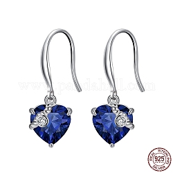 Cubic Zirconia Heart Dangle Earrings, Real Platinum Plated Rhodium Plated 925 Sterling Silver Earrings for Women, Dark Blue, 26mm