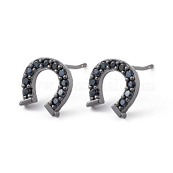 Aretes de herradura con circonitas cúbicas negras, joyas de latón para mujer, Plateado de larga duración, sin plomo y el cadmio, gunmetal, 10x10mm, pin: 0.8 mm
