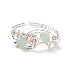 Natürlicher grüner Aventurin-Perlen-Spiral-Fingerring, Messingdrahtwickelschmuck für Frauen, Silber, uns Größe 8 1/2 (18.5mm)