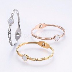 304 Stainless Steel Bangles, with Rhinestone and Shell, Flat Round, Mixed Color, 2-1/4 inch(5.7cm)x2 inch(5cm), 4~10mm