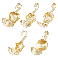 Beebeecraft 100Pcs 5 Style Brass Bead Tips, Calotte Ends, Clamshell Knot Cover, Flower & Shell & Heart & Star & Round, Real 14K Gold Plated, 10~11x5mm, Hole: 0.9mm, Inner Diameter: 4.5mm, 20Pcs/style