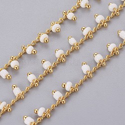 Chaînes avec perles rocailles manuelles, soudé, avec bobine, avec accessoires en laiton plaqué 18k or véritable, blanc, 1.8~2.5mm, environ 32.8 pied (10 m)/rouleau