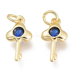 Brass Micro Pave Cubic Zirconia Charms, with Jump Ring, Keys, Golden, Marine Blue, 12.5x6.5x2mm, Hole: 1.5mm, Jump rings: 3.5x0.8mm