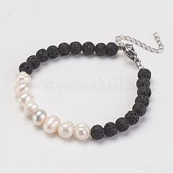 Braccialetti di perle di roccia lavica naturale, Con perle di acqua dolce e fermacavi in ​​ottone aragoste, nero, 7-1/4 pollice (185 mm)