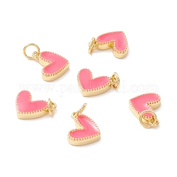 Rack Plating Brass Enamel Charms, with Jump Ring, Cadmium Free & Nickel Free & Lead Free, Real 18K Gold Long-Lasting Plated, Heart, Hot Pink, 9x7x2mm, Hole: 2.5mm