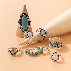 8pcs 8 estilos de anillos de dedo de aleación retro, con turquesa y resina, anillos estilo bohemia para mujer, plata antigua, diámetro interior: 16~18 mm