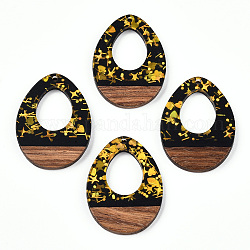 Opaque Resin & Walnut Wood Pendants, Hollow Teardrop Charms with Paillettes, Black, 37.5x28x3.5mm, Hole: 2mm