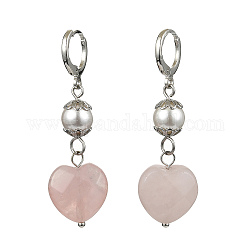 Boucles d'oreilles à levier en forme de cœur en quartz rose naturel avec perles de coquillage, platine, 48x15mm