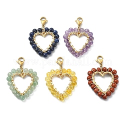 Wire Wrapping Natural Gemstone Heart Pendant Decorations with 304 Stainless Steel Lobster Claw Clasps, 44x29x4.8mm, 5pcs/set