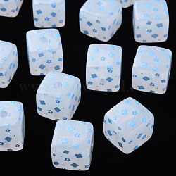 Perles acryliques imprimées, carré avec motif de fleurs, lumière bleu ciel, 16x16x16mm, Trou: 3mm