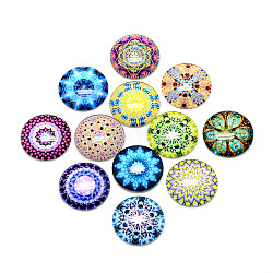 Cabochons en verre imprimé à dos plat, dôme / demi-rond, thème de la fleur géométrique, couleur mixte, 25x6.5mm