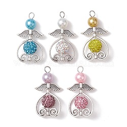 5 pendentif en perles de verre de 5 couleurs., avec strass en pâte polymère et de perles en alliage, charmes d'ange, couleur mixte, 38x21x10mm, Trou: 3.5mm, 1 pc / couleur