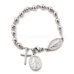 304 Edelstahl Charme Armbänder, mit runden Perlen, Kreuz & Oval mit Heiligen, Edelstahl Farbe, 8-3/8 Zoll (21.3 cm)