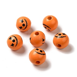 Cuentas europeas de madera redondas impresas, cuentas de agujero grande con tema de halloween, cara de monstruo, naranja, 16mm, agujero: 4 mm