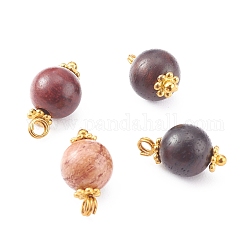 Perles de bois naturel breloques rondes, avec des perles d'espacement en alliage marguerite et des épingles à tête sphérique en laiton, or, couleur mixte, 14x8mm, Trou: 2mm