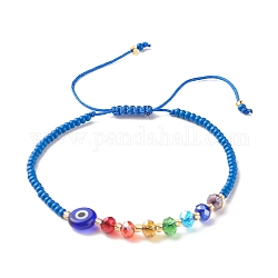 Плоский круглый браслет лэмпворк с плетеными бусинами от сглаза, стеклянные бусины регулируемый браслет для женщин, Плут синий, внутренний диаметр: 2-3/8~4-1/8 дюйм (5.9~10.4 см)