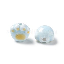 Ручной печатный шарики фарфора, отпечатки кошачьих лап, Небесно-голубой, 12x12x9 мм, отверстие : 2 мм